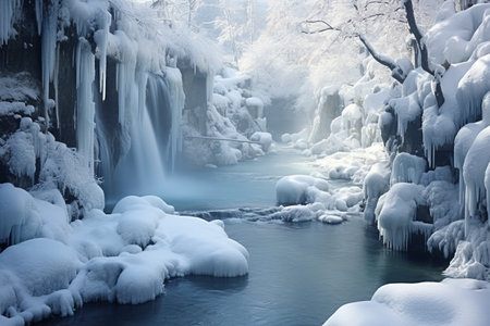 Frozen Splendor: Exploring a Winter Wonderland of Snow, Trees, and Freezing Waterfallsの素材