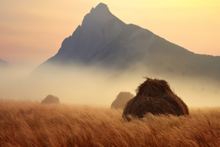 Mysterious Beauty: Enchanting Mountain Landscape Embraced by Fog and a Majestic Haystackの素材