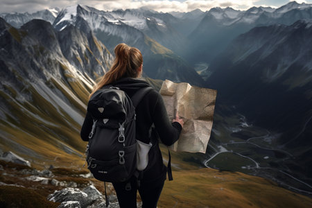 The Trailblazing Journey: An Adventurous Girl Conquering the Austrian Alps with a Topographic Mapの素材