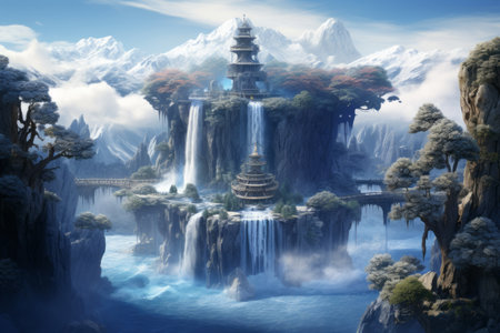 Awe-Inspiring Winter Wonderland: A Floating Grove, Waterfall, and Snowの素材