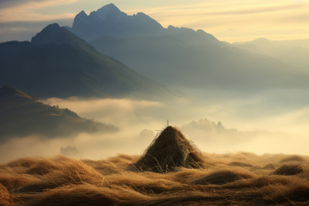 Majestic Mist: A Captivating Mountain Landscape Embraces a Haystackの素材