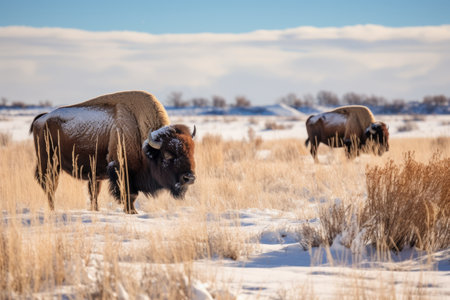 Tranquil Winter Scene: American Bison Grazing Along the Wildlife Drive in Rocky Mountain Arsenal Wildlife Refugeの素材