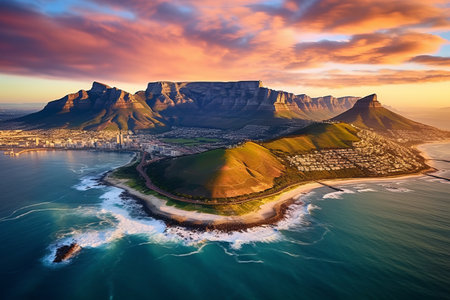Spectacular Sunset Captures Atlantic Seaboard's Majestic Lion's Head and Table Mountain in Cape Townの素材