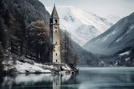 The Enchanting Winter Wonderland: An Old Bell Tower amidst Snowy Mountains and Forests in Lake Resia, Italyの素材