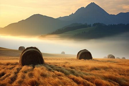 Majestic Mystique: Captivating Mountain Landscape Enveloped in Fog and a Haystackの素材