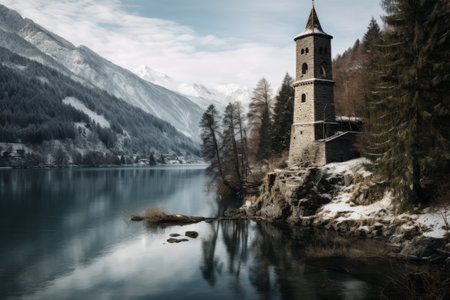 The Majestic Bell Tower of Lake Resia: A Surreal Winter Wonderland in Italyの素材