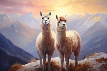 Majestic Alpaca and Llama: A Striking Portrait in the Mountainsの素材