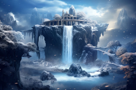Winter Wonderland: The Astonishing Floating Grove with Cascading Waterfall and Snow on an Enchanting Islandの素材