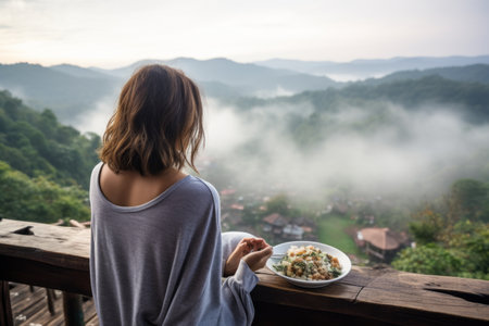 Misty Mountain Bliss: A Glimpse into Thai Travel through the Eyes of an Asian Female Tourist Indulging in Noodlesの素材
