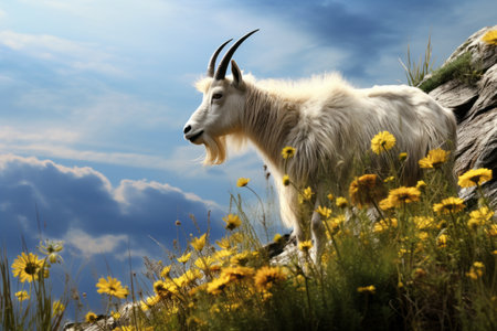 Serene Landscapes: The Majestic Rock Mountain Goat Amidst Vibrant Yellow Flowers and Lush Green Grassの素材