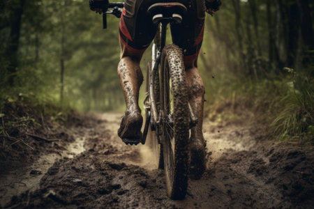 Conquering the Off-Road Terrain: A Grueling Forest Trail Ride with a Determined Athlete Cyclistの素材