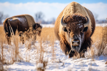 Untamed Beauty: American Bison Graze in Winter at Rocky Mountain Arsenal Wildlife Refugeの素材