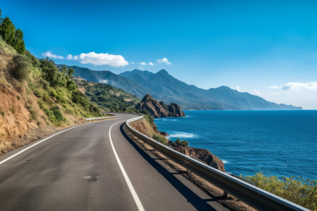 Serene Scenery: A Blend of Asphalt Road, Majestic Mountains, and the Serene Blue Seaの素材