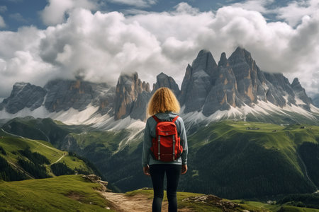 Captivated by the Majestic Alps: A Female Tourist's Journey through the Enchanting Dolomites in Italyの素材