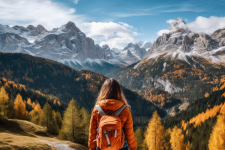 Awe-Inspiring Dolomites: Captivating Rear View of a Female Explorer Enthralled by the Majestic Alpsの素材