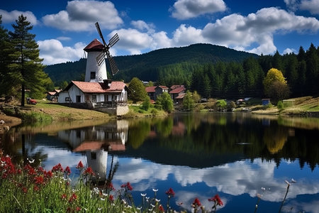 Enchanting Serenity: Discover the Captivating Cubuk Lake and its Magnificent Windmills in Goynuk, Turkeyの素材