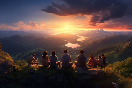 Serene Sunset Mountains: Tourists Blissfully Unwind on Hilltopの素材