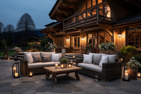 Magical Evening Glow: Discover the Exquisite Chalet Cider Home with Stunning Outdoor Furniture Designの素材