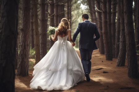 Whispering Vows: A Serene Stroll of Love in the Enchanting Pine Forestの素材