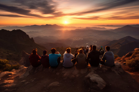 Hilltop Serenity: Tourists Unwind, Gazing at Majestic Mountain Sunsetsの素材
