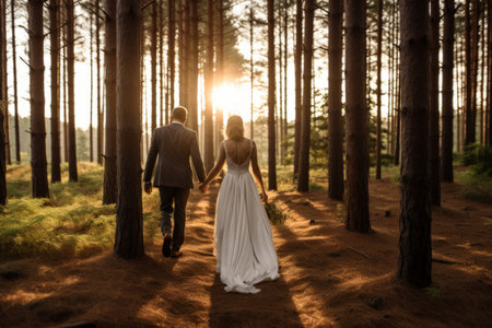 A Harmonious Journey: The Bride and Groom's Stroll Through a Serene Pine Forestの素材