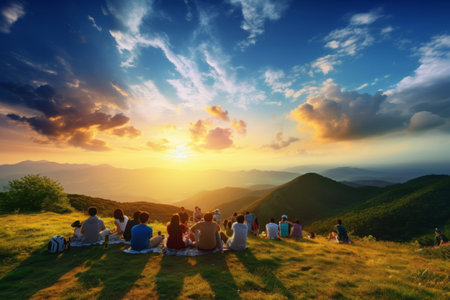 Serenity at the Summit: Tourists Rejuvenate While Gazing at Majestic Mountain Sunsetの素材