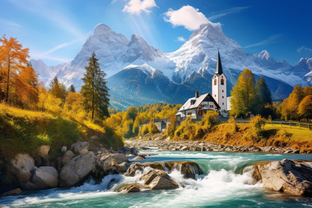 Enchanting Autumn Scenery in the Bavarian Alps: A Majestic Landscape with the Charming Parish Church of St. Sebastianの素材