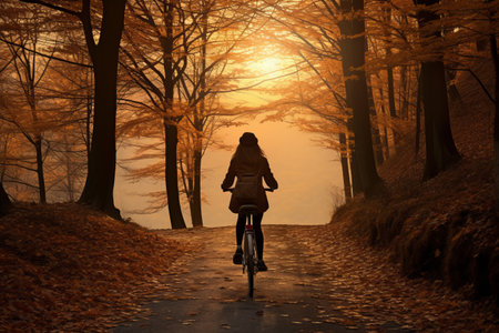 Captivating Tranquility: A Woman Embracing Autumn's Sunset on her Bicycleの素材