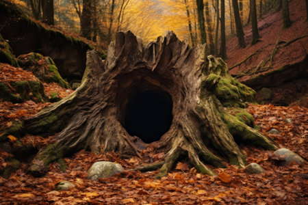 Enchanting Autumn Serenity: A Stunning Hollow Stump amidst a Barkless Mountain Forestの素材