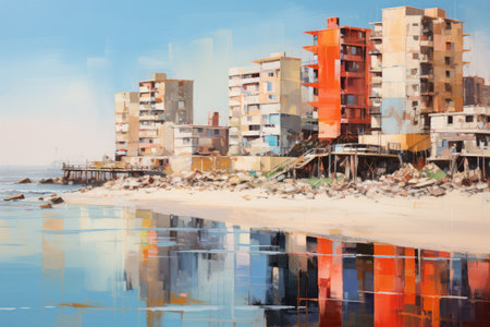 Architectural Marvels Amidst Coastal Serenity: Exploring the Buildings and City by the Sea Sceneの素材