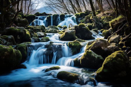 Serenity Unleashed: A Glimpse into the Tranquil Mountain Stream with Cascading Waterfalls during Early Springの素材