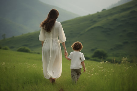 A Serene Portrait: A Mother and Baby Embark on a Scenic Stroll Amidst Beautiful Fields and Majestic Mountainsの素材