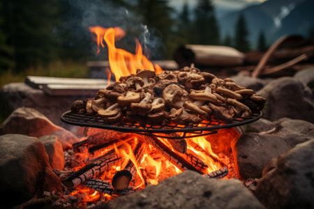 Culinary Delights: Savoring Fresh Mountain Mushrooms over a Rustic Campfireの素材