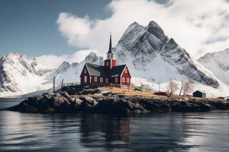 The Majestic Fjord Church: A Scenic Oasis on Lofoten Islands in Norwayの素材