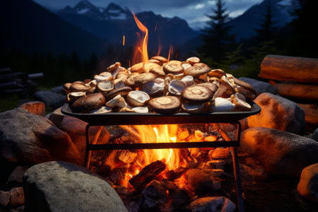 Mountain Magic: Savoring the Delight of Cooking Fresh Mushrooms over a Campfireの素材