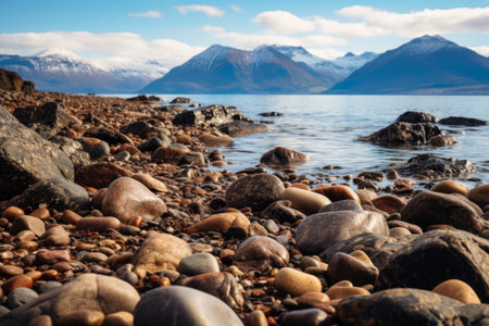 Serene Symphony: A Close-up Encounter with a Rocky Beach and Majestic Mountain Rangeの素材