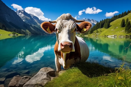 Idyllic Serenity: A Cow in the Majestic Swiss Alps by Tschawinersee, Valaisの素材