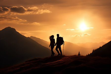 Journeying Together: A Silhouetted Couple's Enchanting Hiking Adventure in Sunlit Mountainsの素材