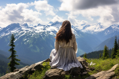 Enchanting Lady in the Serene Wilderness: A Graceful Pose amidst the Green Mountainsの素材