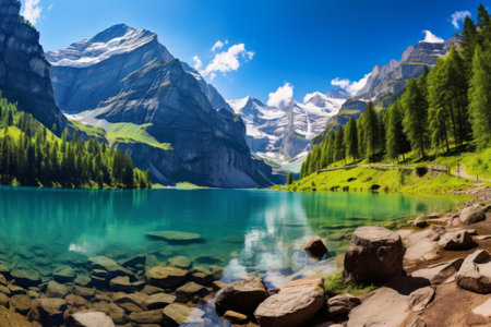 Journey to the Enchanting Turquoise Waters of Oeschinensee in Switzerland's Majestic Swiss Alpsの素材