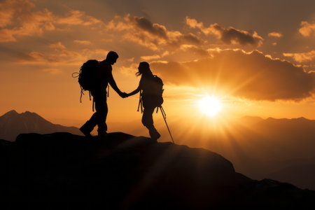 Journeying Together: The Inspiring Silhouette of a Couple Hiking through Sunlit Mountainsの素材