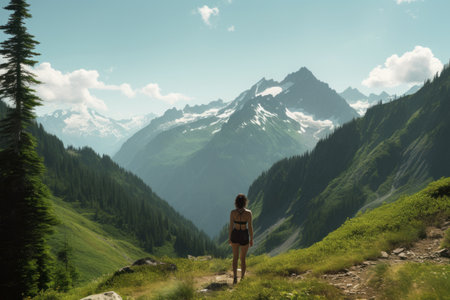 Enchanting Female Posing Amidst the Majestic Green Mountains of Glacier Peak Wildernessの素材