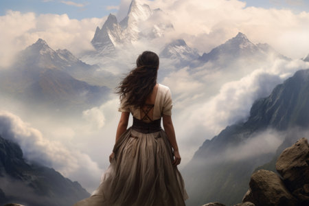 Majestic Symphony: The Girl amid Towering Mountain Peaksの素材
