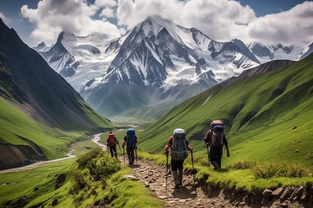The Majestic Journey: Hikers on the Trail to Conquer Kazbek Mount in the Magnificent Caucasian Mountainsの素材