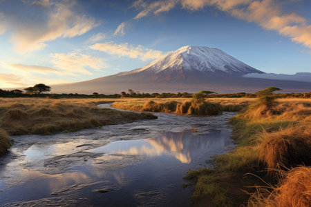 Reflecting Majesty: Kilimanjaro's Shadow Over the Serene Watersの素材