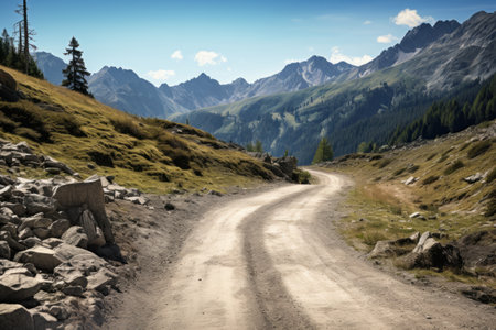 Divided Paths: Navigating a Fork in the Road amidst a Majestic Alpine Landscapeの素材