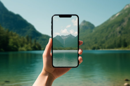 Gorgeous Nature Backdrop as Lady Showcases Smartphoneの素材