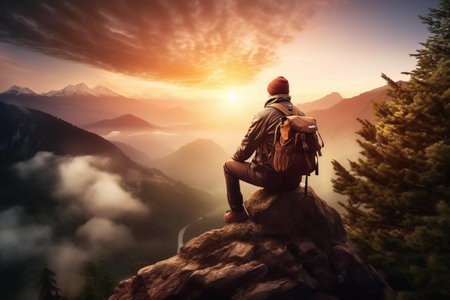 Captivating Sunrise Serenity: A Hiker's Tranquil Retreat atop a Mountain Summitの素材
