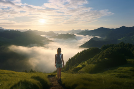 Enchanting Summer Hiking Adventure: A Girl's Serene Journey amidst Foggy Mountains and Enchanting Valleysの素材