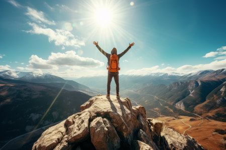 Embracing the Summit: A Hiker's Triumph on a Glorious Dayの素材